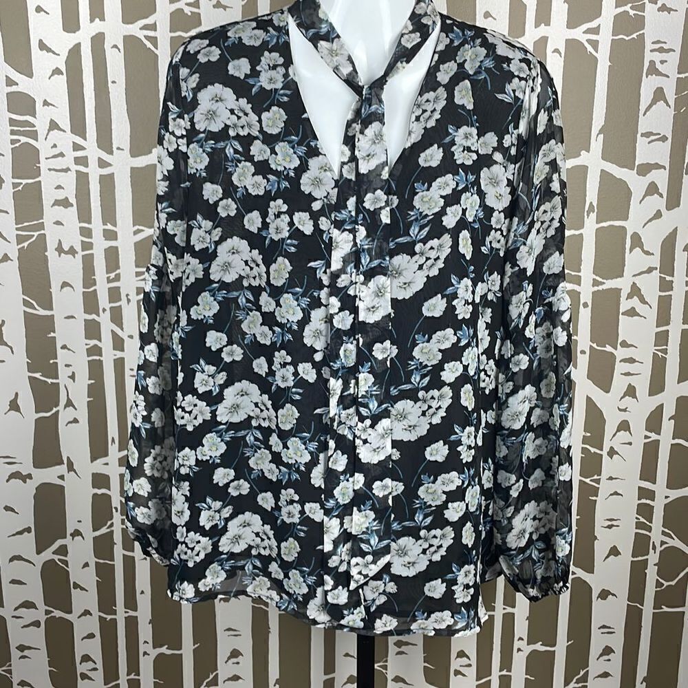 Umgee Black Floral Print Sheer Tie Neck Blouse size S